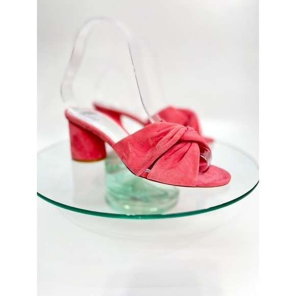 Paige Francesca Sandals Pink Suede Leather Heels Slip On Cross Straps - Picture 1 of 8